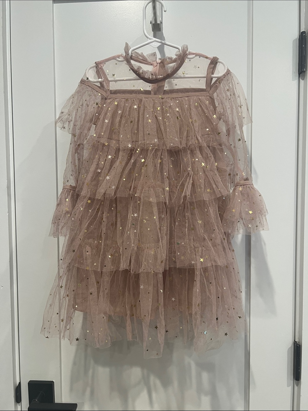Girls Star-Embellished Tiered Tulle Dress - Dusty Rose